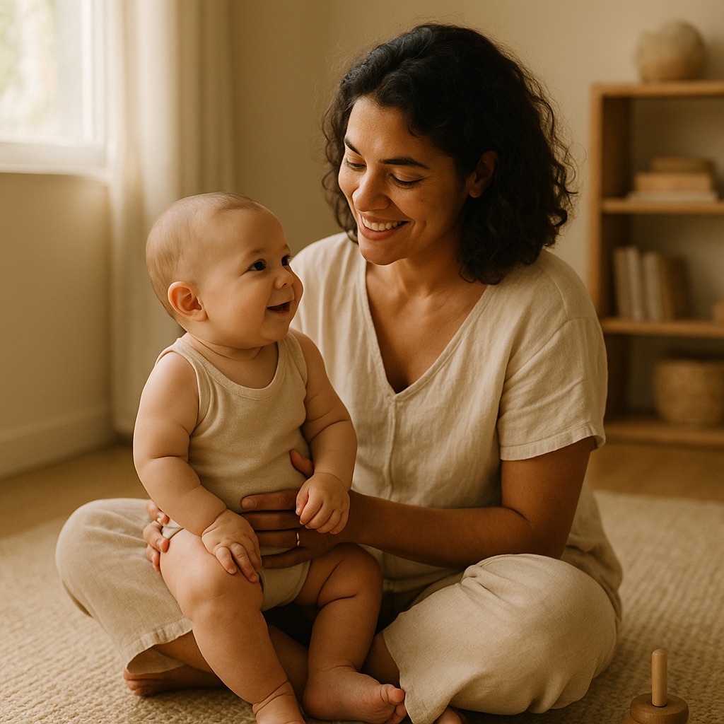 Mãe brasileira com bebê no colo, momento acolhedor